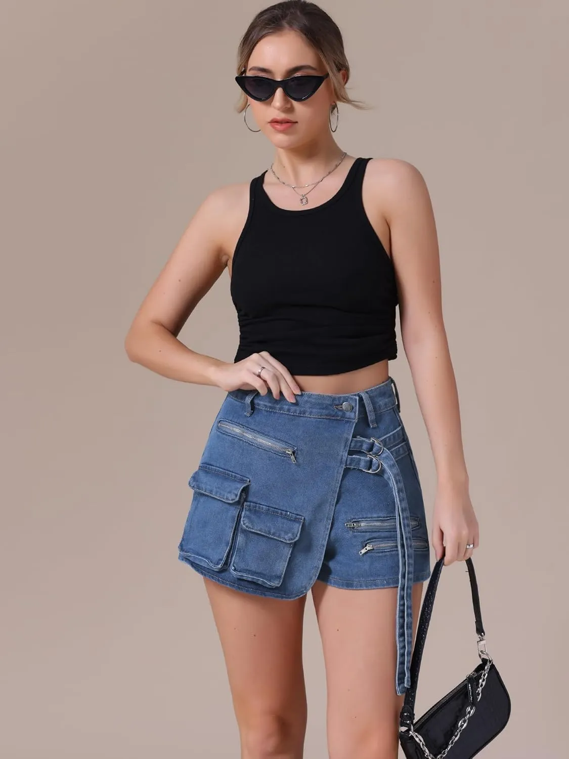 Women's Jean Skort High Waisted Western Summer Asymmetrical Denim Cargo Skirt Shorts