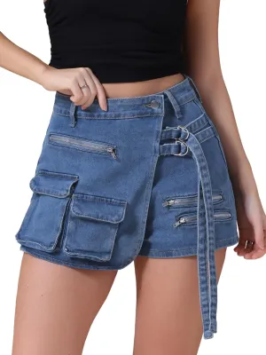 Women's Jean Skort High Waisted Western Summer Asymmetrical Denim Cargo Skirt Shorts