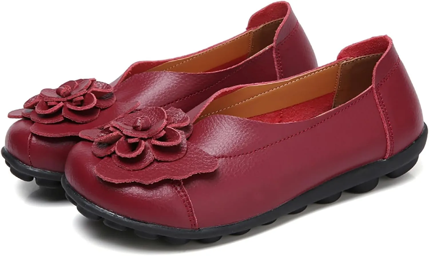 Women's Leather Flowers Loafers Lightweight Comfortable Round Toe Soft Bottom Walking Shoes Summer Casual Slip On Moccasins Driving Flats Outdoor Work Shoes