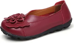 Women's Leather Flowers Loafers Lightweight Comfortable Round Toe Soft Bottom Walking Shoes Summer Casual Slip On Moccasins Driving Flats Outdoor Work Shoes
