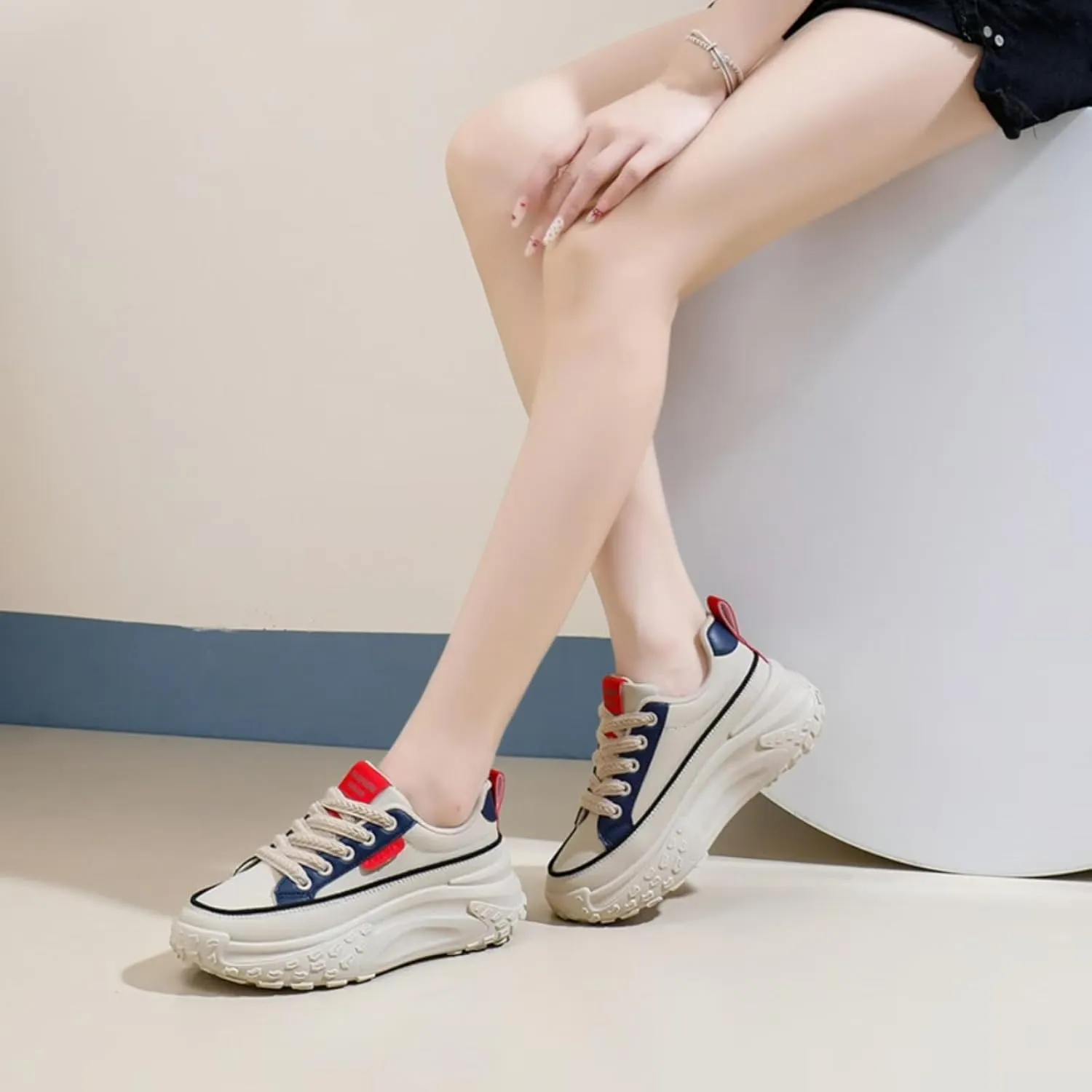 Womens Leather Lace Up Platform Sneakers Height Increase Fashion Casual Non-Slip Shoes for Walking Sport Work Office
