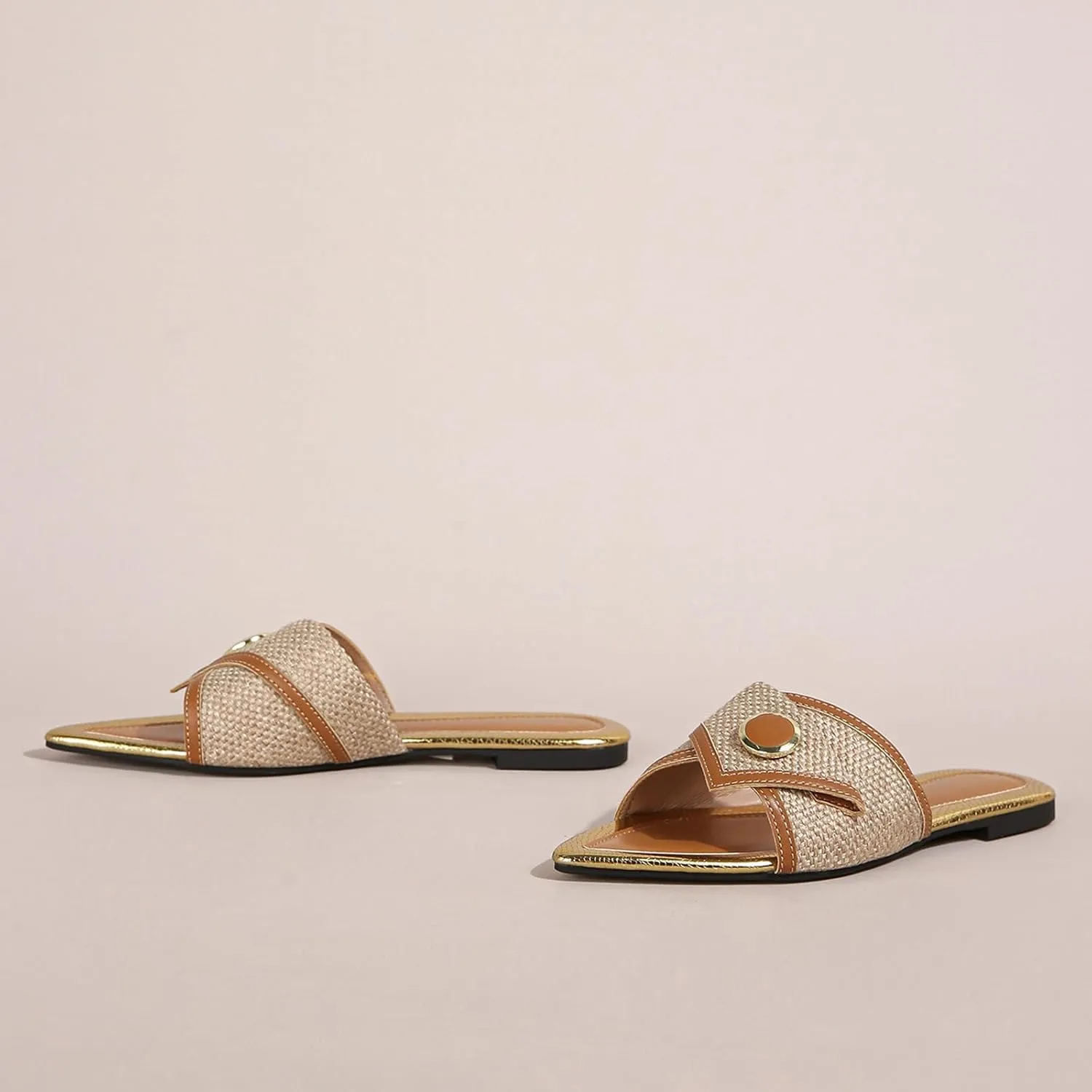 Women's Linen Fashion Pointed Toe Flat Slides Sandals Comfortable Lightweight Non-Slip Open Toe Slip On Summer Beach Slippers