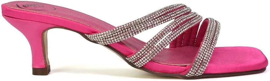 Womens Low Kitten Heel Sandals Ladies Diamante Straps Slip On Sparkly Party Shoes Size 3-8
