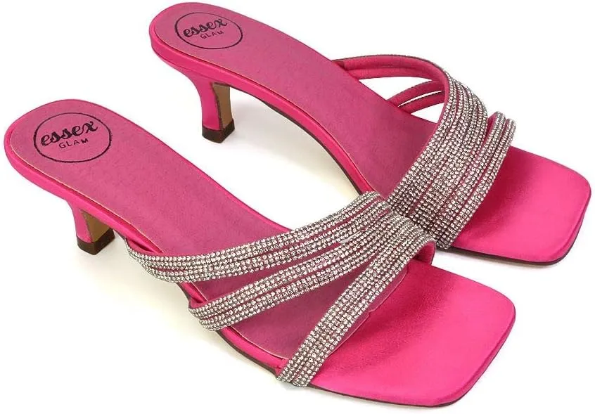 Womens Low Kitten Heel Sandals Ladies Diamante Straps Slip On Sparkly Party Shoes Size 3-8