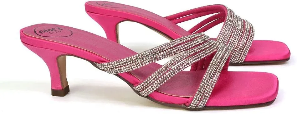 Womens Low Kitten Heel Sandals Ladies Diamante Straps Slip On Sparkly Party Shoes Size 3-8