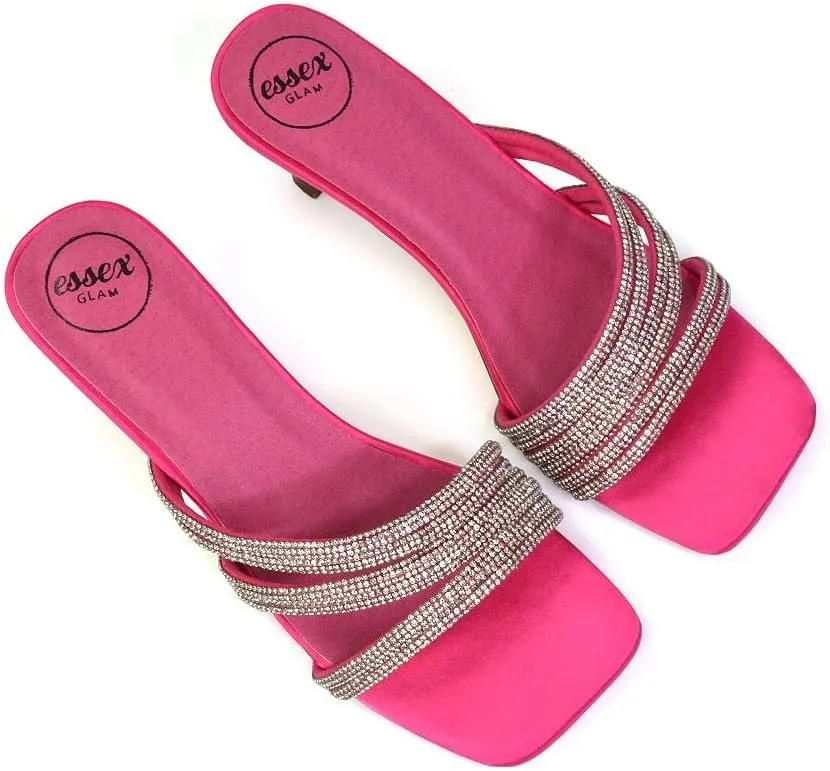 Womens Low Kitten Heel Sandals Ladies Diamante Straps Slip On Sparkly Party Shoes Size 3-8