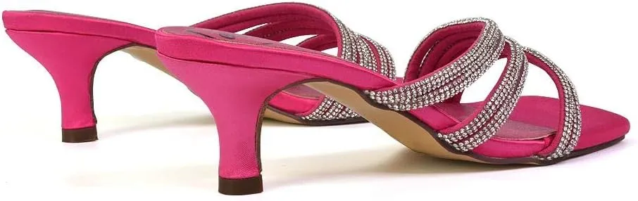 Womens Low Kitten Heel Sandals Ladies Diamante Straps Slip On Sparkly Party Shoes Size 3-8