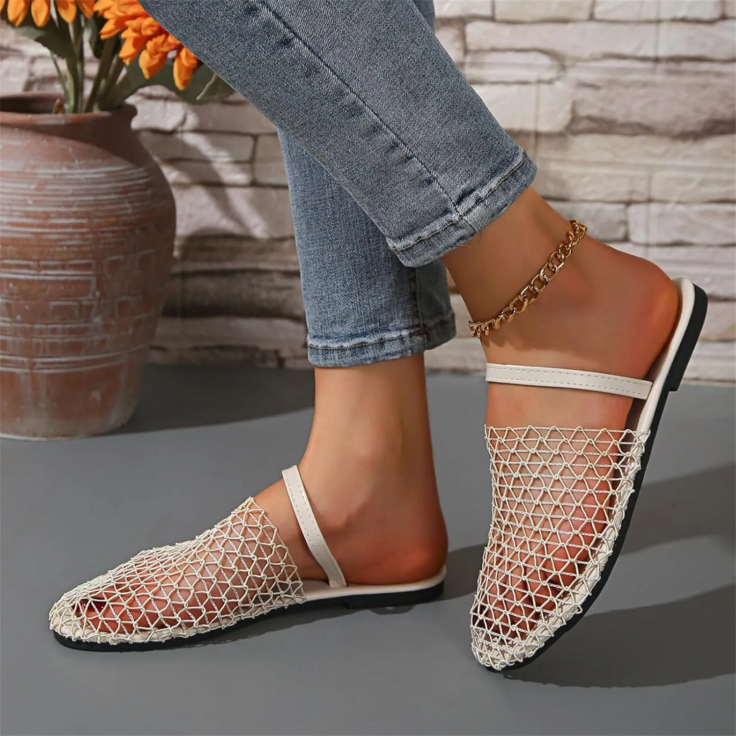 Women's Mesh Ballet Flats Slip on Ballerina Mule Shoes Mary Jane Flat Comfortable Casual Office Fishnet Slippers