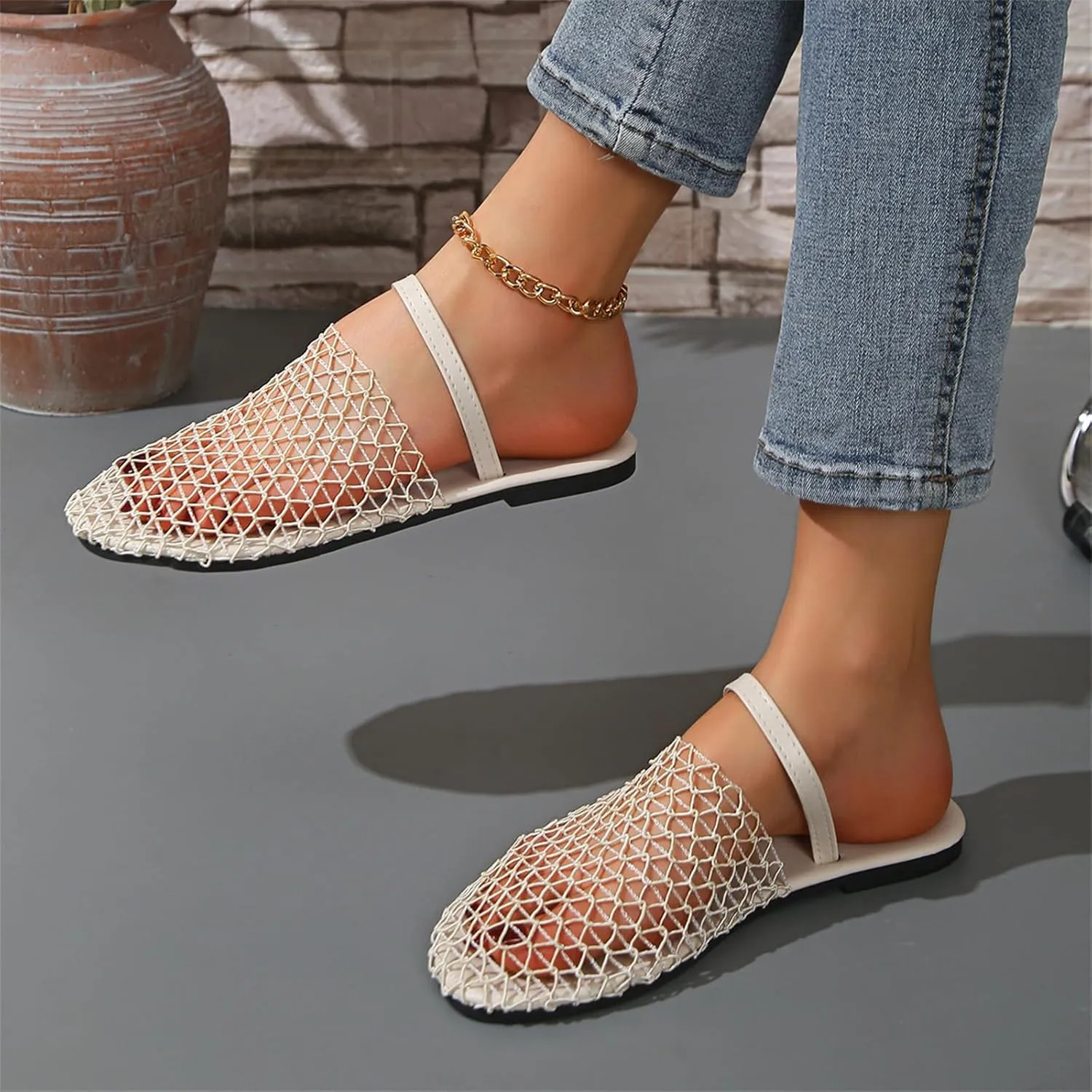 Women's Mesh Ballet Flats Slip on Ballerina Mule Shoes Mary Jane Flat Comfortable Casual Office Fishnet Slippers