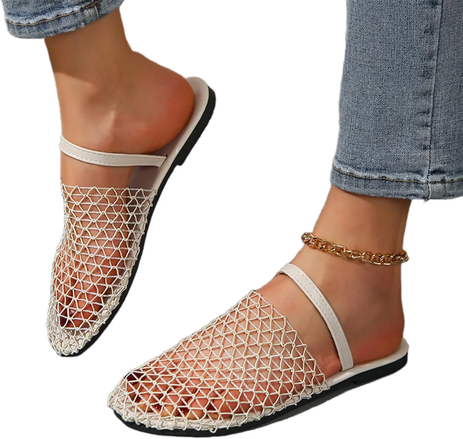 Women's Mesh Ballet Flats Slip on Ballerina Mule Shoes Mary Jane Flat Comfortable Casual Office Fishnet Slippers