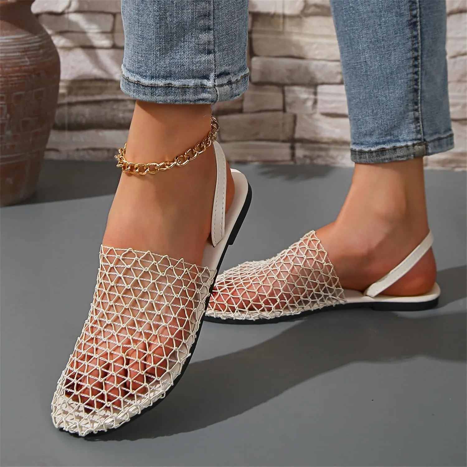 Women's Mesh Ballet Flats Slip on Ballerina Mule Shoes Mary Jane Flat Comfortable Casual Office Fishnet Slippers