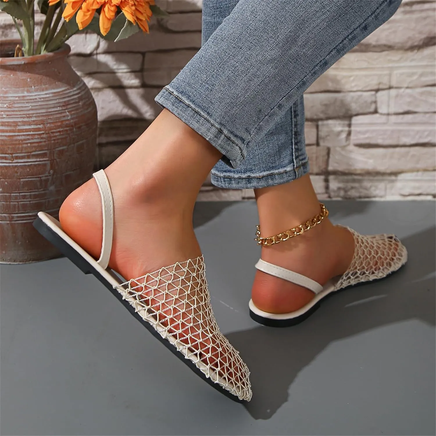 Women's Mesh Ballet Flats Slip on Ballerina Mule Shoes Mary Jane Flat Comfortable Casual Office Fishnet Slippers