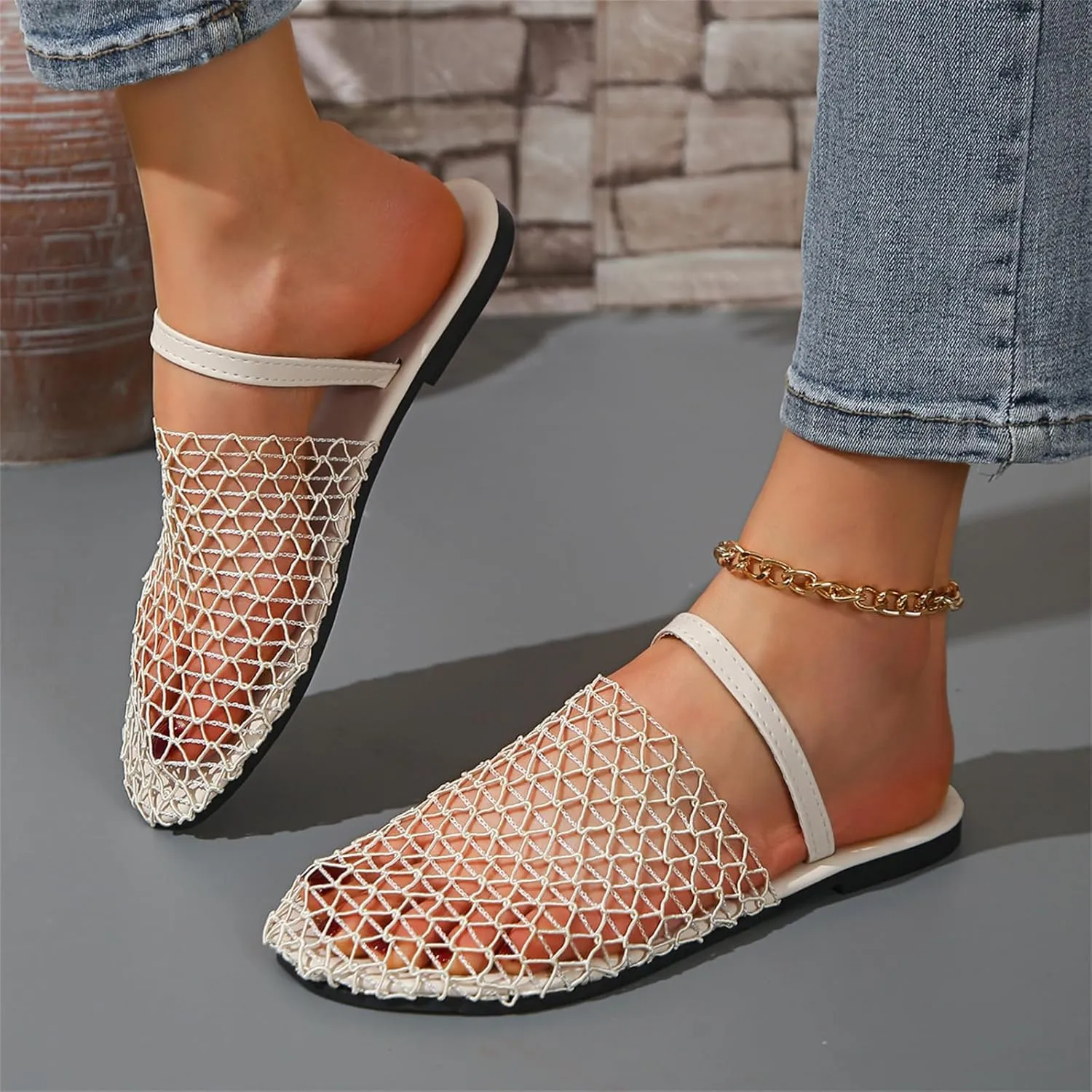 Women's Mesh Ballet Flats Slip on Ballerina Mule Shoes Mary Jane Flat Comfortable Casual Office Fishnet Slippers