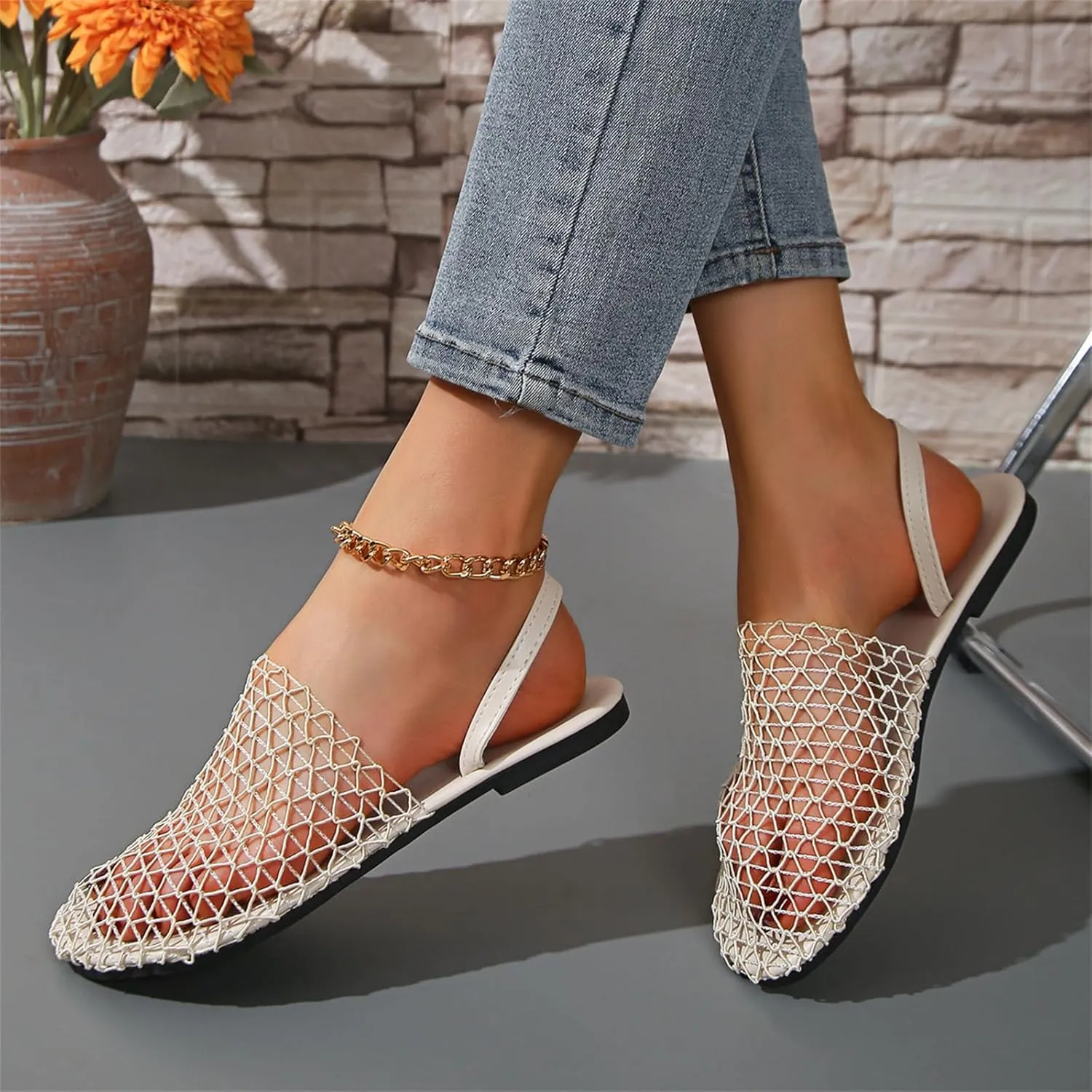 Women's Mesh Ballet Flats Slip on Ballerina Mule Shoes Mary Jane Flat Comfortable Casual Office Fishnet Slippers