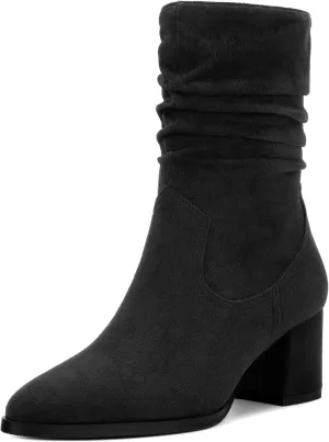 Women's Mid Calf Boots, Chunky Heel Pleated Calf Boots for Women, Fashion Pointed Toe Side Zipper Mid Heel Women's Boots,Women Shoes for Workpalce, Street and Banquet.