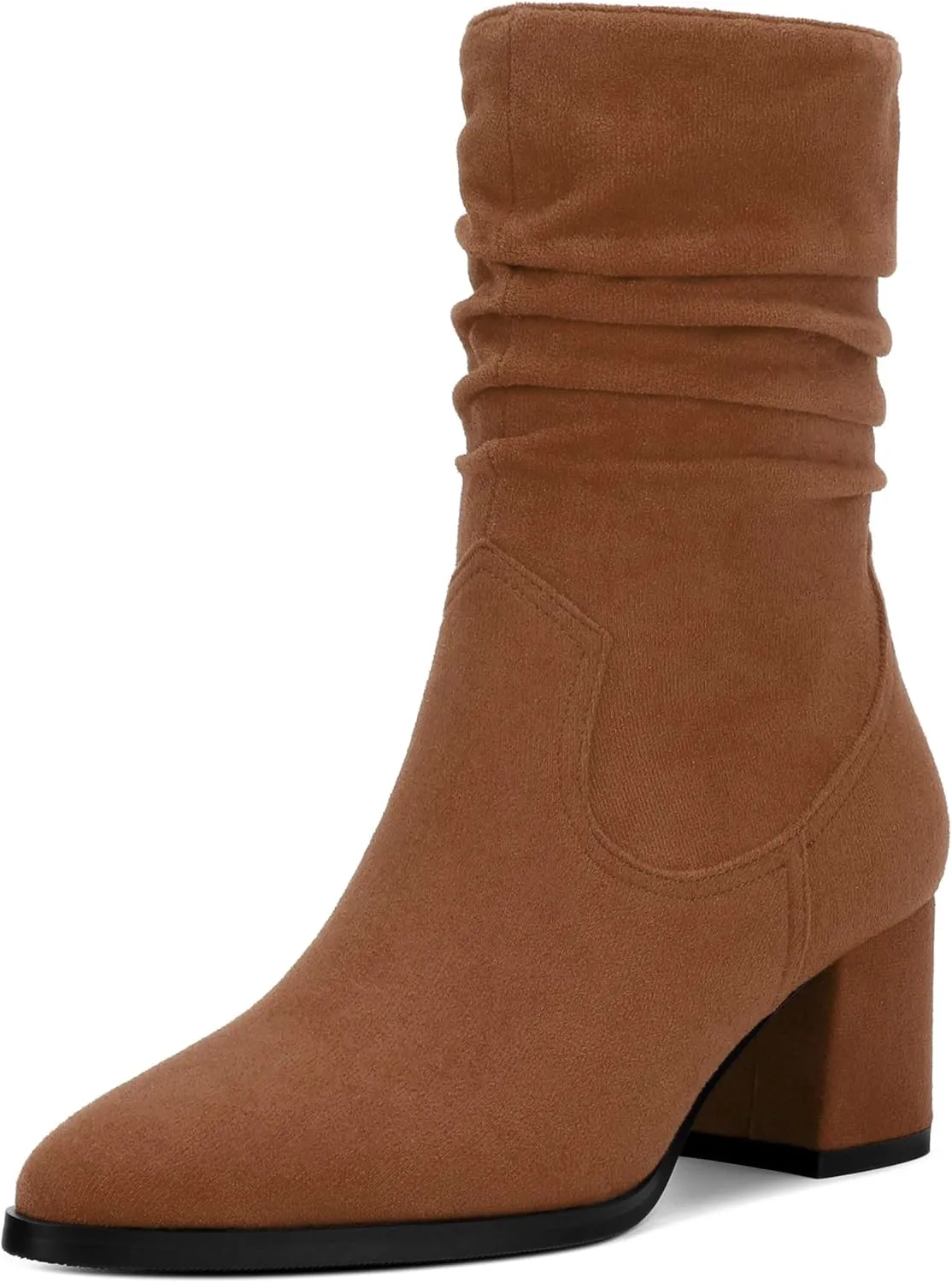 Women's Mid Calf Boots, Chunky Heel Pleated Calf Boots for Women, Fashion Pointed Toe Side Zipper Mid Heel Women's Boots,Women Shoes for Workpalce, Street and Banquet.