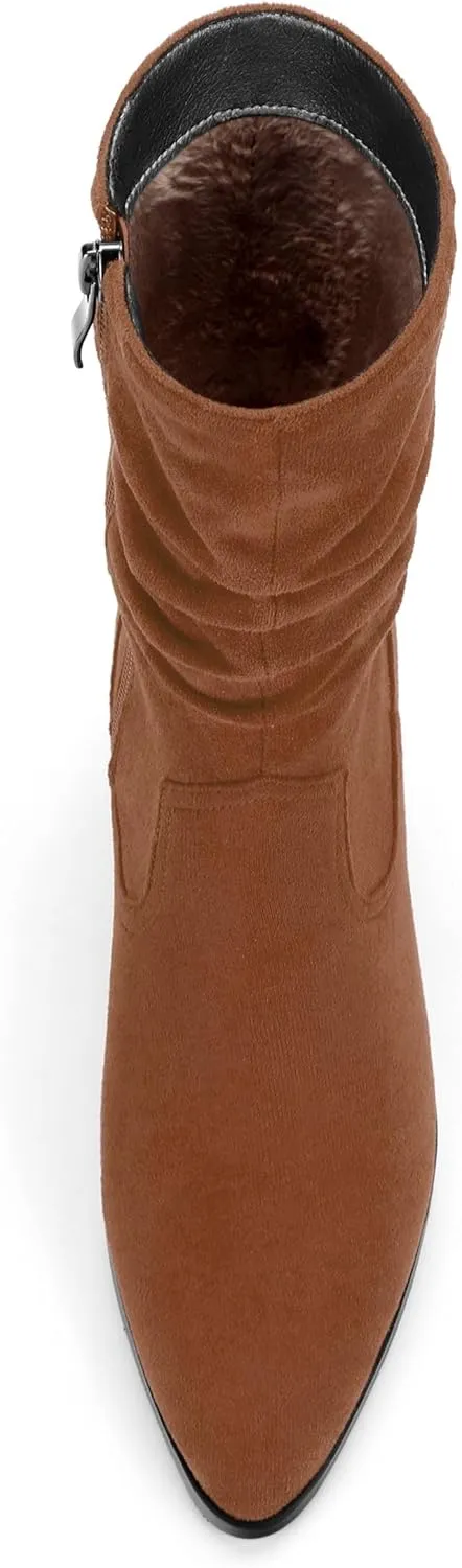 Women's Mid Calf Boots, Chunky Heel Pleated Calf Boots for Women, Fashion Pointed Toe Side Zipper Mid Heel Women's Boots,Women Shoes for Workpalce, Street and Banquet.