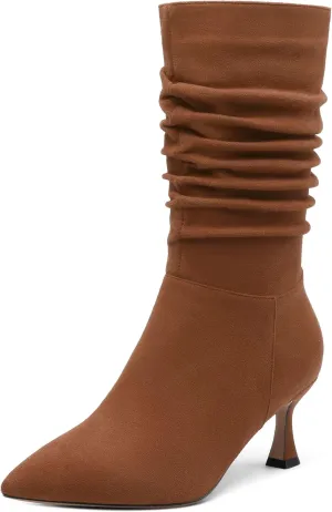 Women's Mid Calf Boots Suede Ruched Kitten High Heel Booties Sexy Pointed Toe Zipper Autumn Winter Fashion Dressy Boots 2.5 Inch