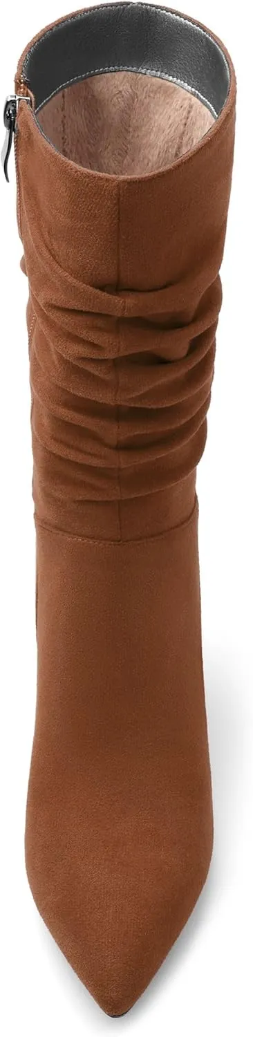 Women's Mid Calf Boots Suede Ruched Kitten High Heel Booties Sexy Pointed Toe Zipper Autumn Winter Fashion Dressy Boots 2.5 Inch