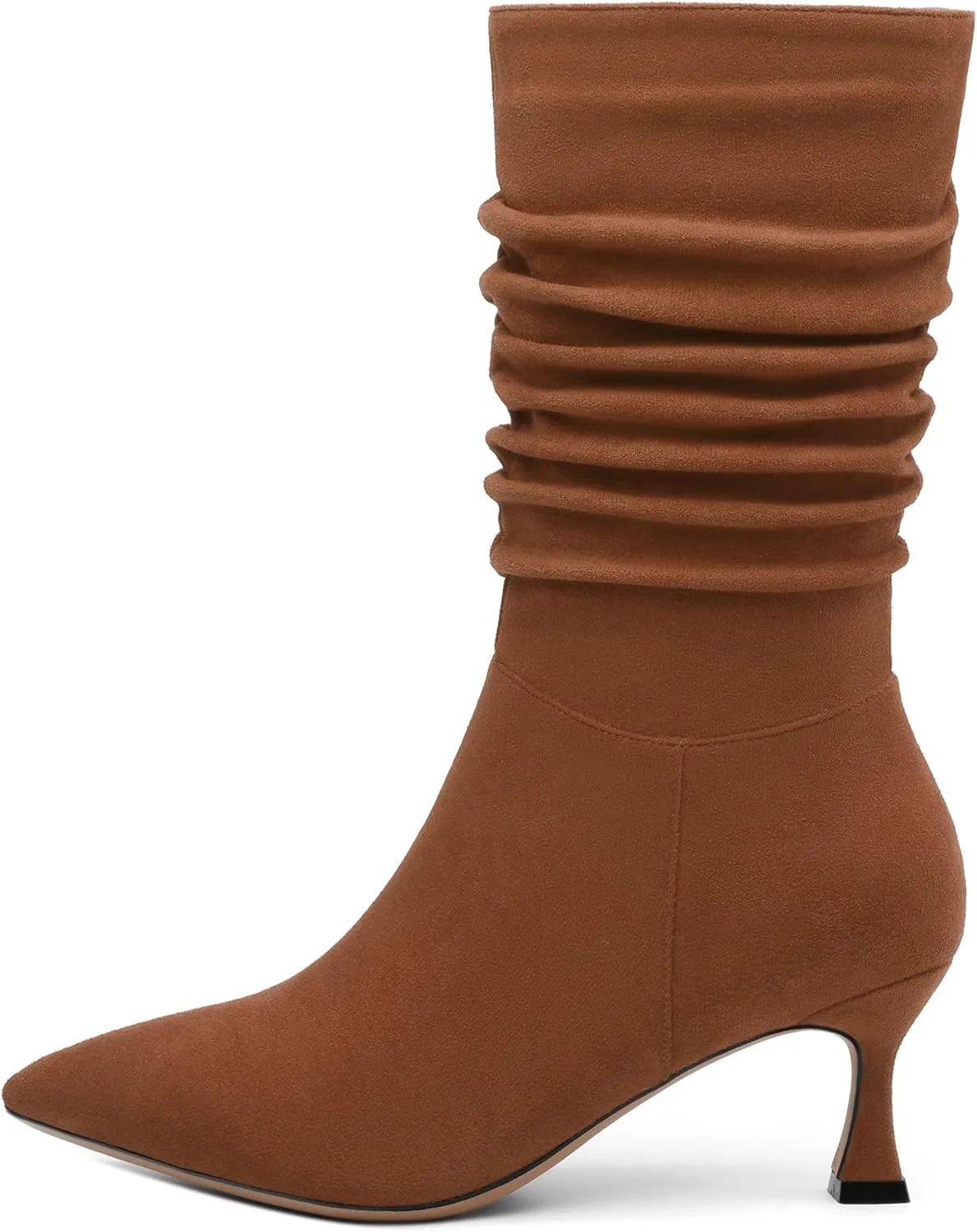 Women's Mid Calf Boots Suede Ruched Kitten High Heel Booties Sexy Pointed Toe Zipper Autumn Winter Fashion Dressy Boots 2.5 Inch