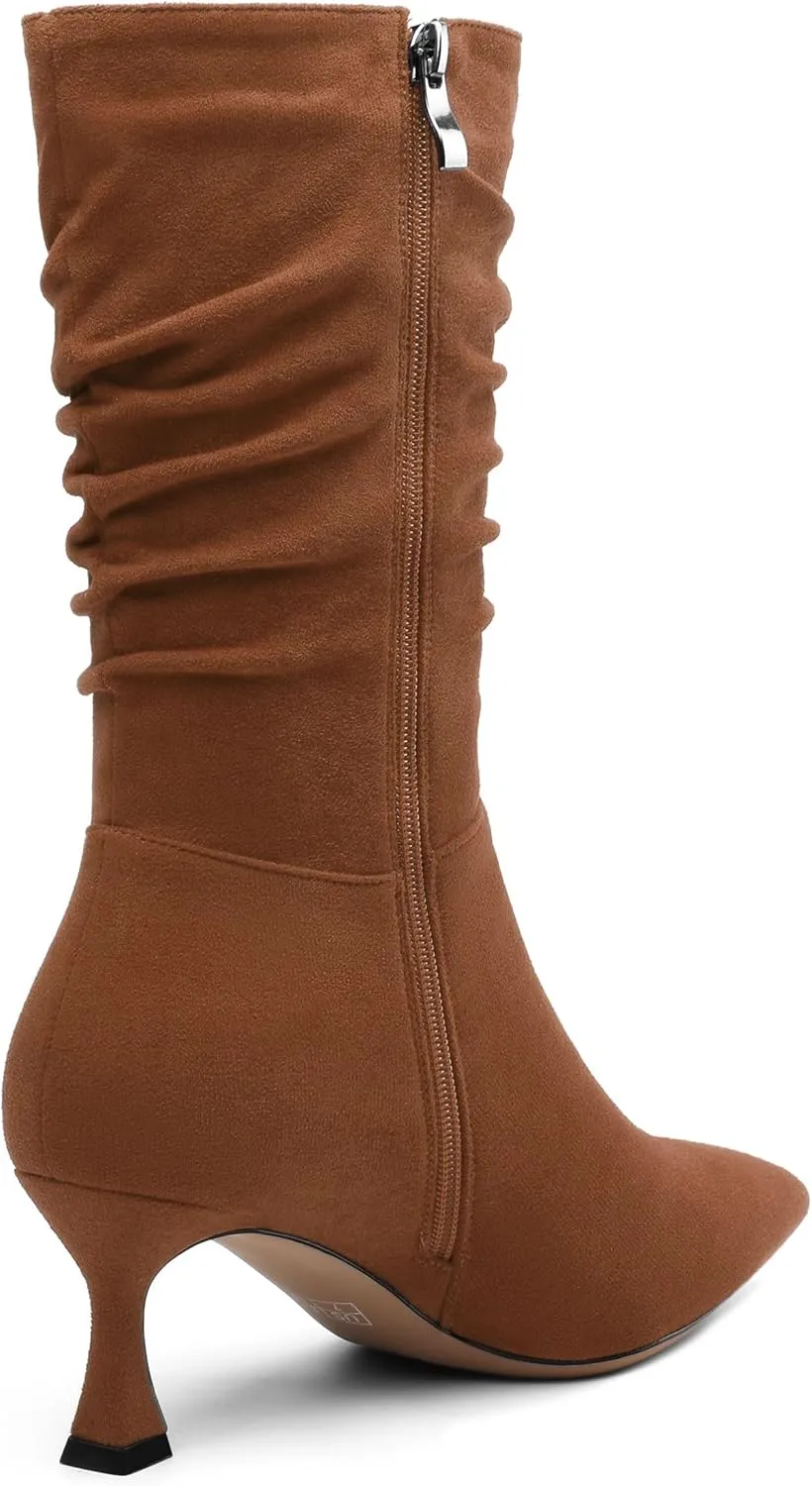 Women's Mid Calf Boots Suede Ruched Kitten High Heel Booties Sexy Pointed Toe Zipper Autumn Winter Fashion Dressy Boots 2.5 Inch