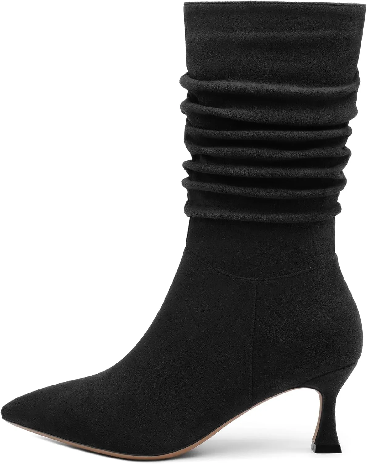 Women's Mid Calf Boots Suede Ruched Kitten High Heel Booties Sexy Pointed Toe Zipper Autumn Winter Fashion Dressy Boots 2.5 Inch