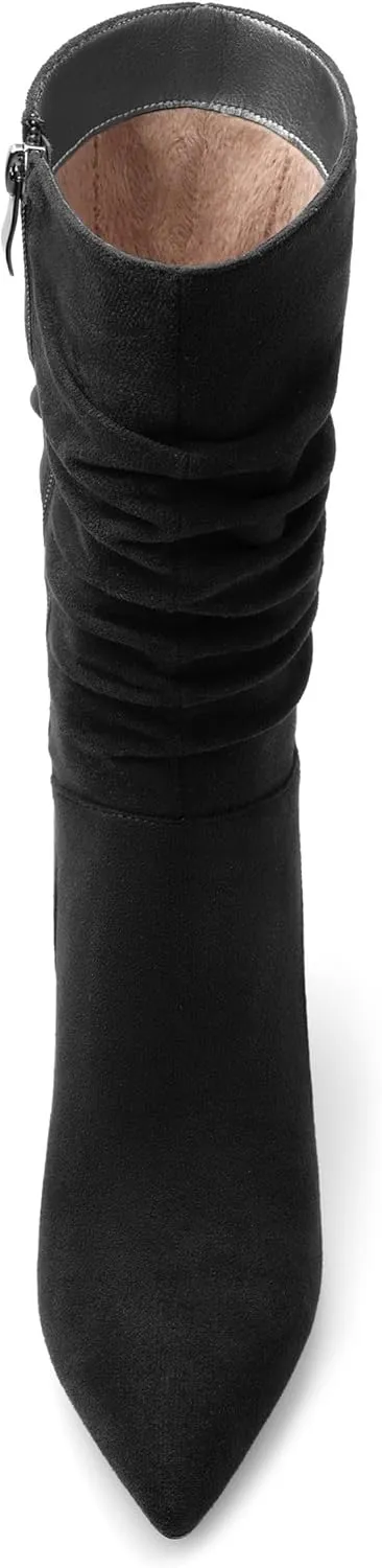 Women's Mid Calf Boots Suede Ruched Kitten High Heel Booties Sexy Pointed Toe Zipper Autumn Winter Fashion Dressy Boots 2.5 Inch