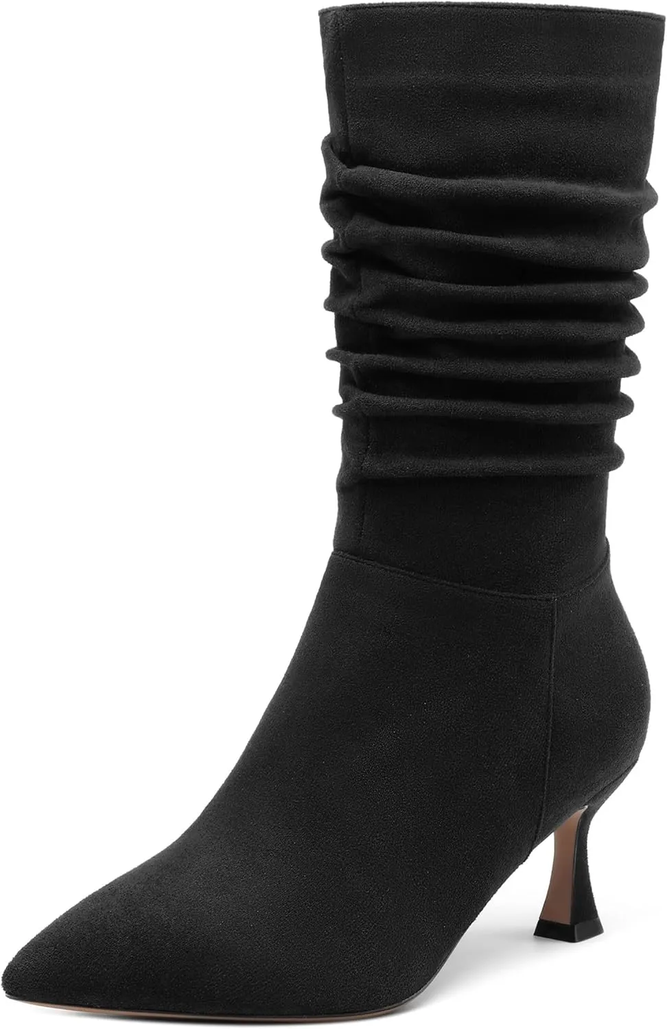 Women's Mid Calf Boots Suede Ruched Kitten High Heel Booties Sexy Pointed Toe Zipper Autumn Winter Fashion Dressy Boots 2.5 Inch