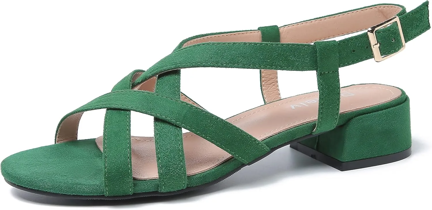 Women's Open Toe Cross Straps Low Block Chunky Heels Slingback Sandals Party Dress Summer Shoes