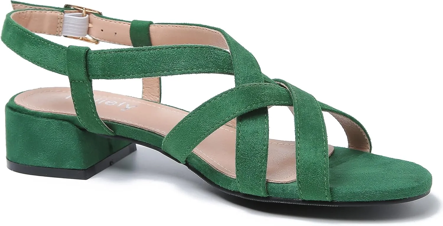 Women's Open Toe Cross Straps Low Block Chunky Heels Slingback Sandals Party Dress Summer Shoes