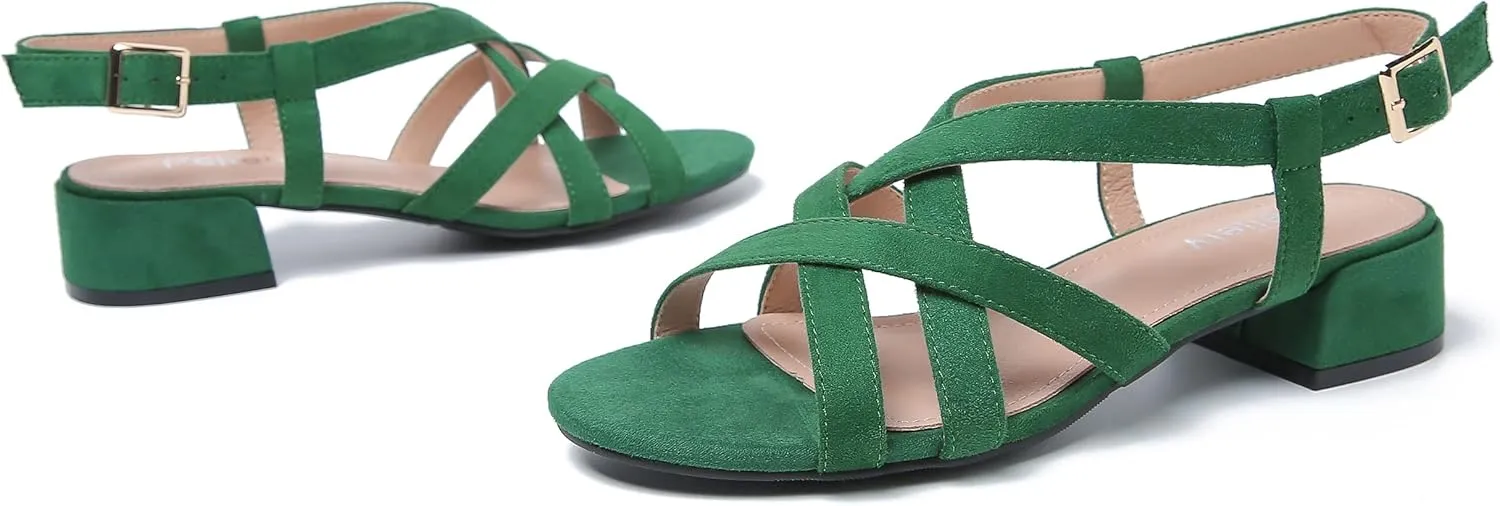 Women's Open Toe Cross Straps Low Block Chunky Heels Slingback Sandals Party Dress Summer Shoes