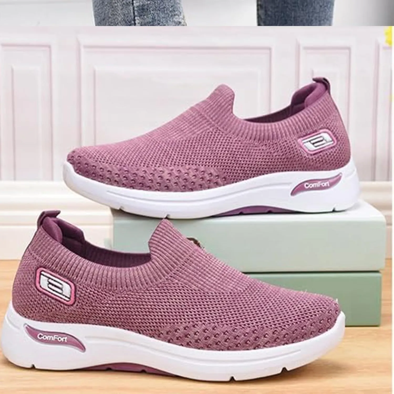 Womens Orthopedic Sneakers Breathable with Arch Support Wide Width Soft Sole Arch Support Slip on Mesh Woven Low Top Work Walking Shoes Lightweight Non-Slip Nurse Shoes
