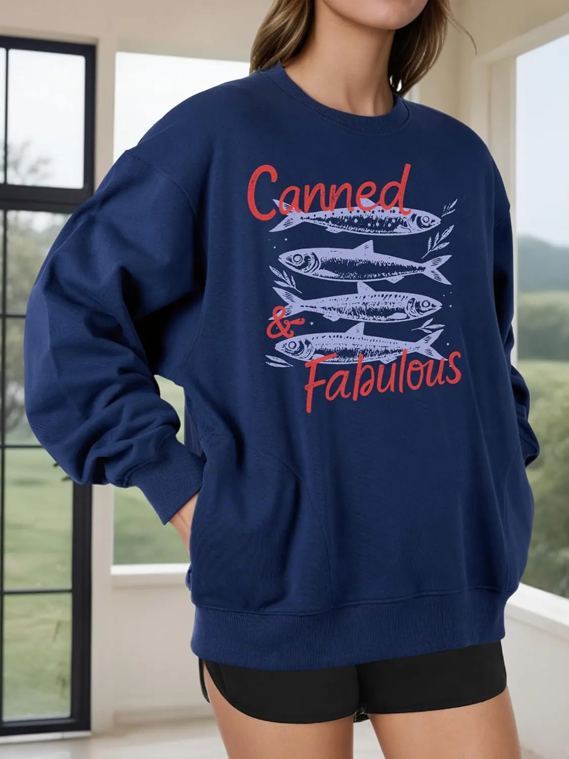Women's Oversized Graphic Crew Neck Long Sleeve Pullover Casual Loose Fit Sweatshirt with Pockets