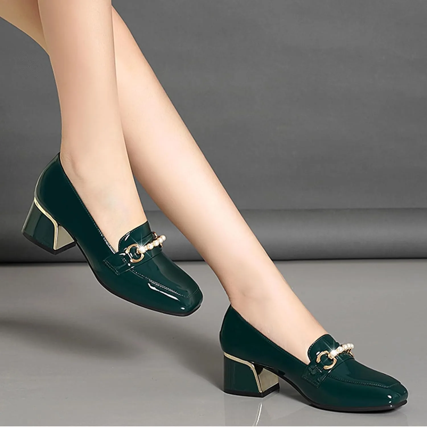 Women's Patent Leather Chunky Heel Loafers Comfort Closed Toe Pearl Metal Buckle Decoration Slip On Heeled Penny Loafers for Office Party Walking Formal Wear