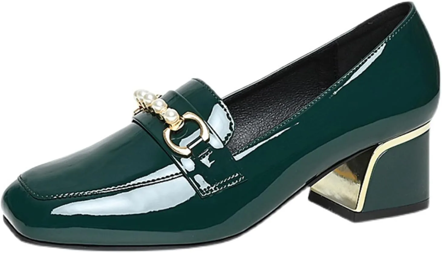 Women's Patent Leather Chunky Heel Loafers Comfort Closed Toe Pearl Metal Buckle Decoration Slip On Heeled Penny Loafers for Office Party Walking Formal Wear