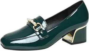 Women's Patent Leather Chunky Heel Loafers Comfort Closed Toe Pearl Metal Buckle Decoration Slip On Heeled Penny Loafers for Office Party Walking Formal Wear