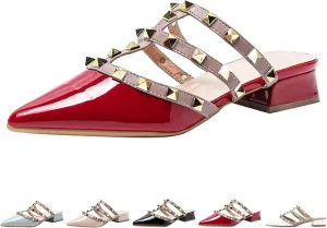 Women's Patent Leather Closed Pointed Toe Rivet Heeled Sandals Fashion Rivet Slip-on Sexy Backless Slides Summer Sandals Work Party Dress Slippers