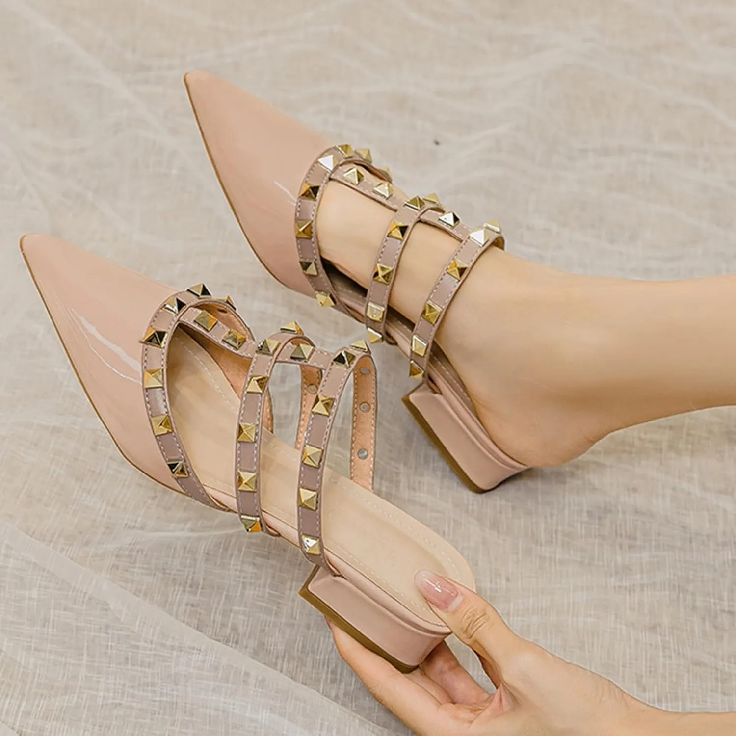Women's Patent Leather Closed Pointed Toe Rivet Heeled Sandals Fashion Rivet Slip-on Sexy Backless Slides Summer Sandals Work Party Dress Slippers