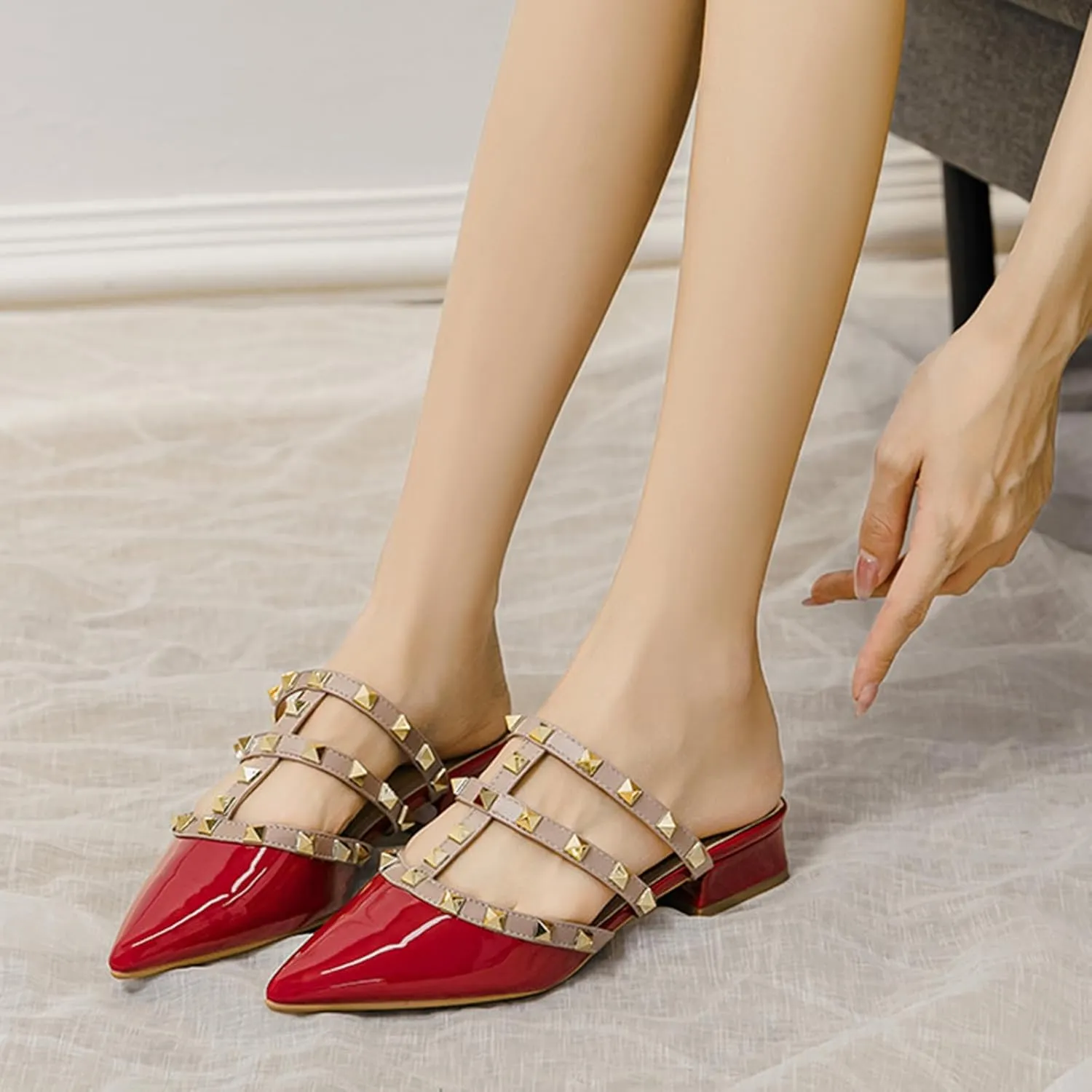Women's Patent Leather Closed Pointed Toe Rivet Heeled Sandals Fashion Rivet Slip-on Sexy Backless Slides Summer Sandals Work Party Dress Slippers