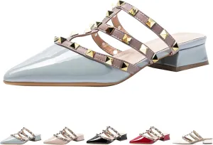 Women's Patent Leather Closed Pointed Toe Rivet Heeled Sandals Fashion Rivet Slip-on Sexy Backless Slides Summer Sandals Work Party Dress Slippers