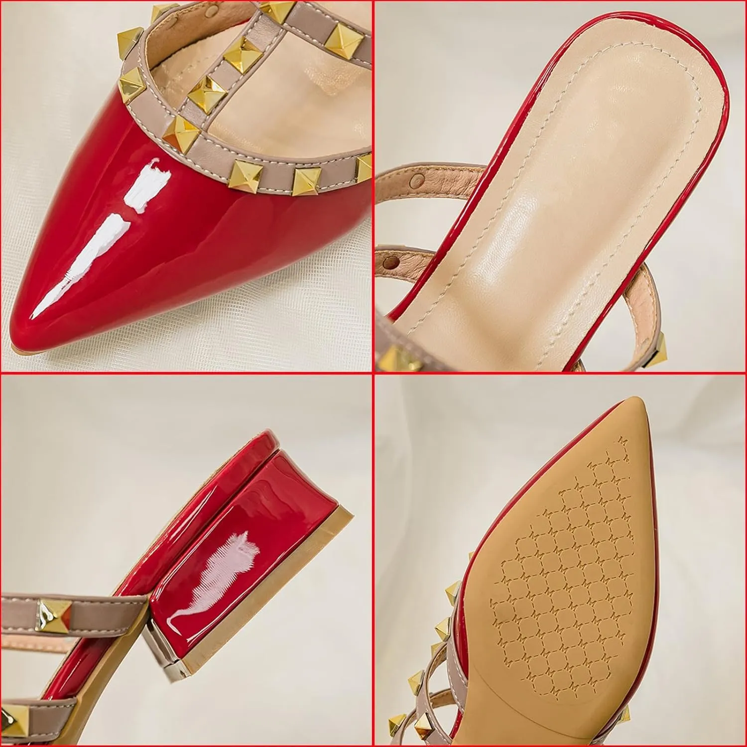 Women's Patent Leather Closed Pointed Toe Rivet Heeled Sandals Fashion Rivet Slip-on Sexy Backless Slides Summer Sandals Work Party Dress Slippers