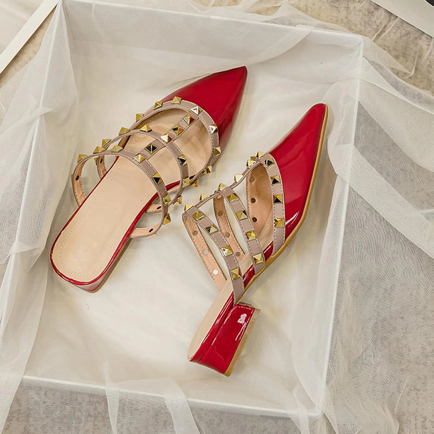 Women's Patent Leather Closed Pointed Toe Rivet Heeled Sandals Fashion Rivet Slip-on Sexy Backless Slides Summer Sandals Work Party Dress Slippers