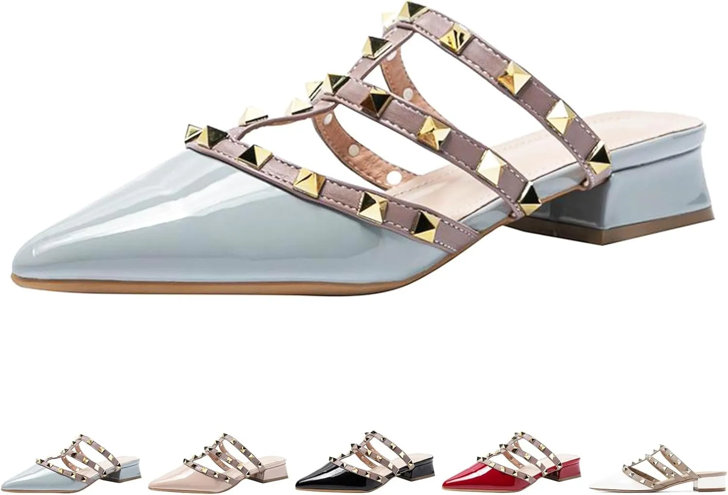 Women's Patent Leather Closed Pointed Toe Rivet Heeled Sandals Fashion Rivet Slip-on Sexy Backless Slides Summer Sandals Work Party Dress Slippers