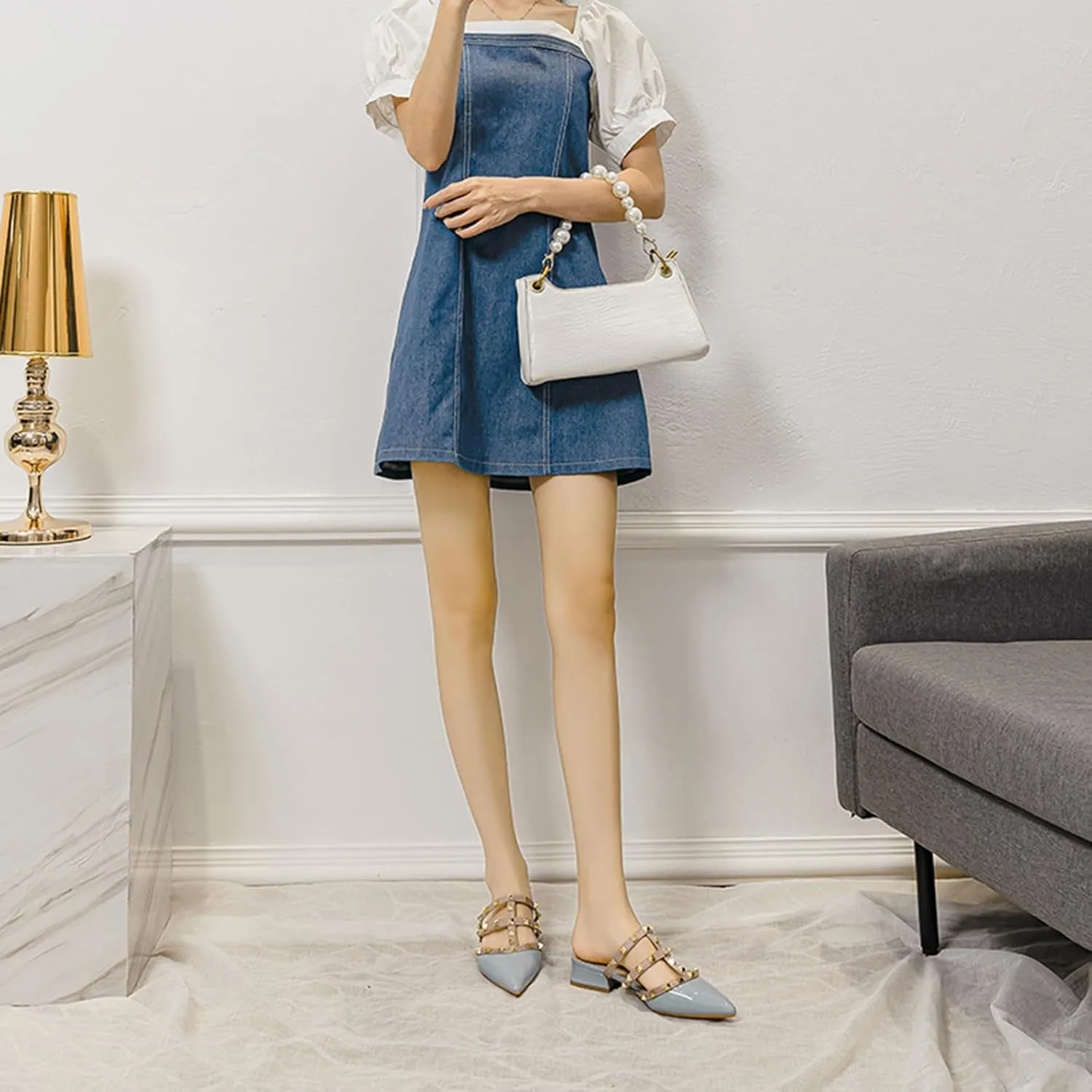 Women's Patent Leather Closed Pointed Toe Rivet Heeled Sandals Fashion Rivet Slip-on Sexy Backless Slides Summer Sandals Work Party Dress Slippers