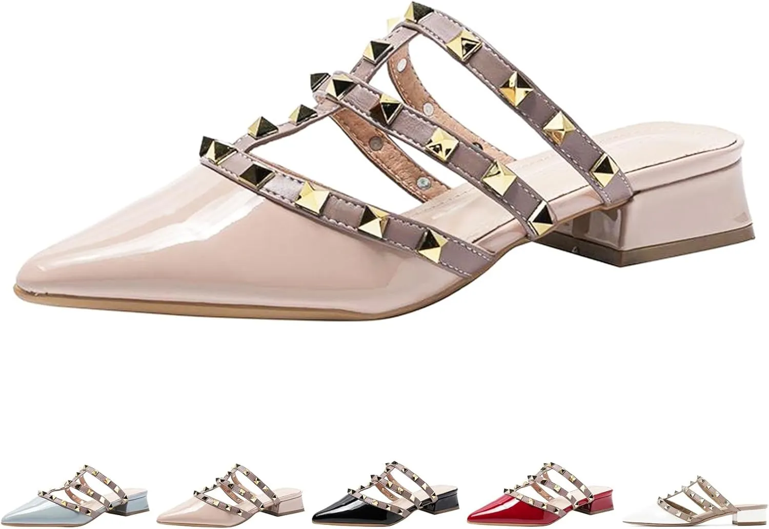 Women's Patent Leather Closed Pointed Toe Rivet Heeled Sandals Fashion Rivet Slip-on Sexy Backless Slides Summer Sandals Work Party Dress Slippers