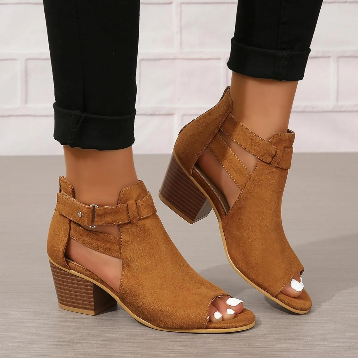 Women's Peep Toe Booties Toe Ankle Booties Chunky Heels Cutout Back Zipper Sandals Suede Side Ankle Strap Dress Sandals Strap Evening Party Shoes