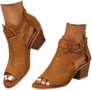 Women's Peep Toe Booties Toe Ankle Booties Chunky Heels Cutout Back Zipper Sandals Suede Side Ankle Strap Dress Sandals Strap Evening Party Shoes