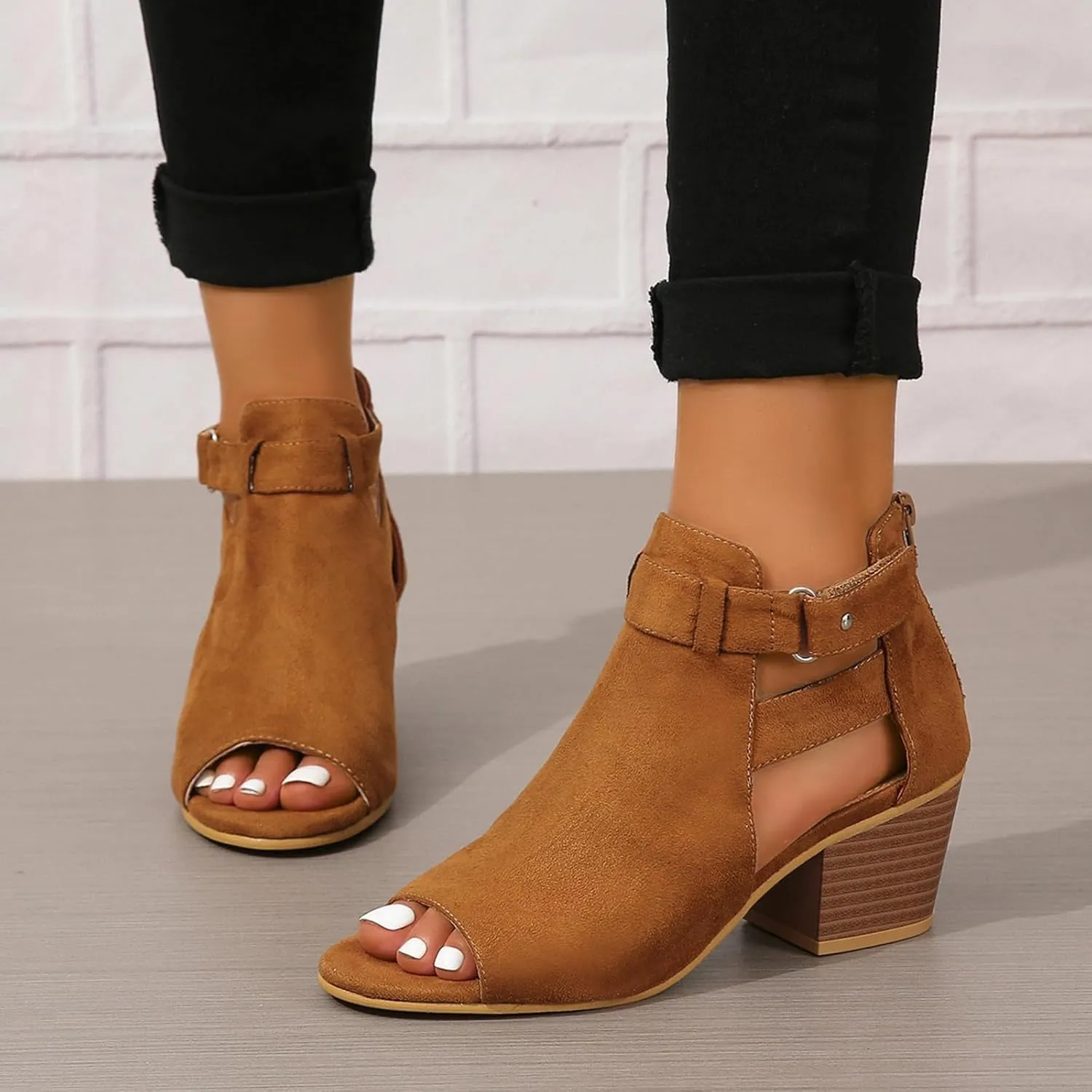Women's Peep Toe Booties Toe Ankle Booties Chunky Heels Cutout Back Zipper Sandals Suede Side Ankle Strap Dress Sandals Strap Evening Party Shoes