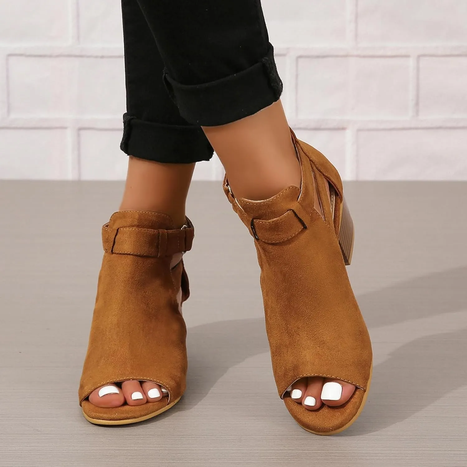 Women's Peep Toe Booties Toe Ankle Booties Chunky Heels Cutout Back Zipper Sandals Suede Side Ankle Strap Dress Sandals Strap Evening Party Shoes