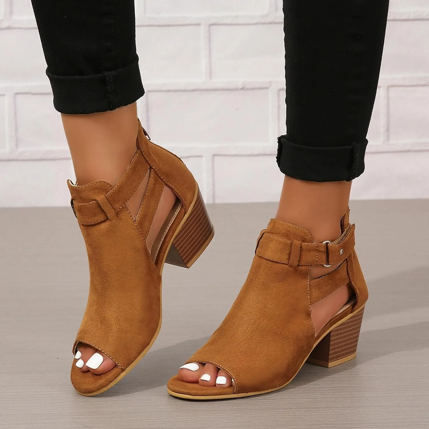 Women's Peep Toe Booties Toe Ankle Booties Chunky Heels Cutout Back Zipper Sandals Suede Side Ankle Strap Dress Sandals Strap Evening Party Shoes